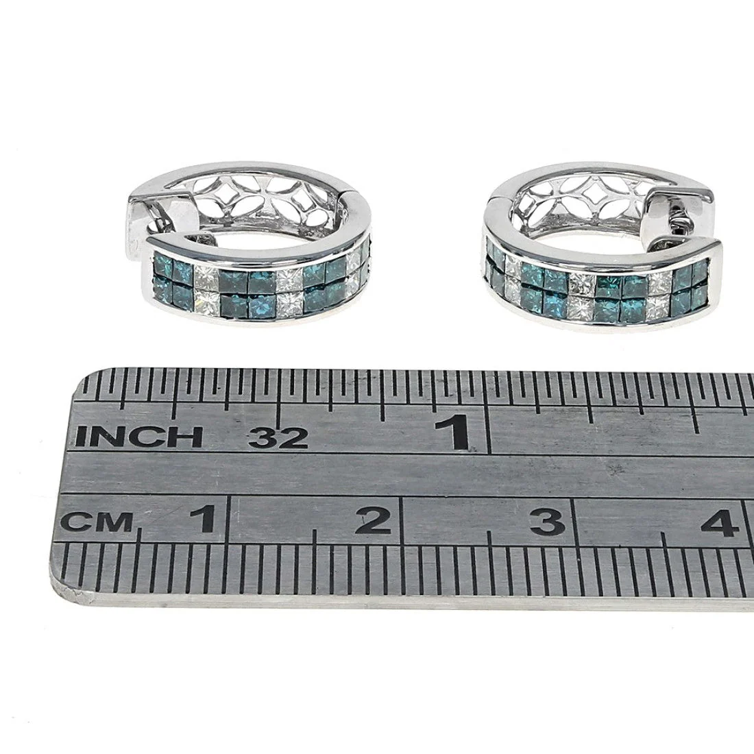 14K White Gold Irradiated Blue & White Princess-Cut Diamond Huggies - Image 3