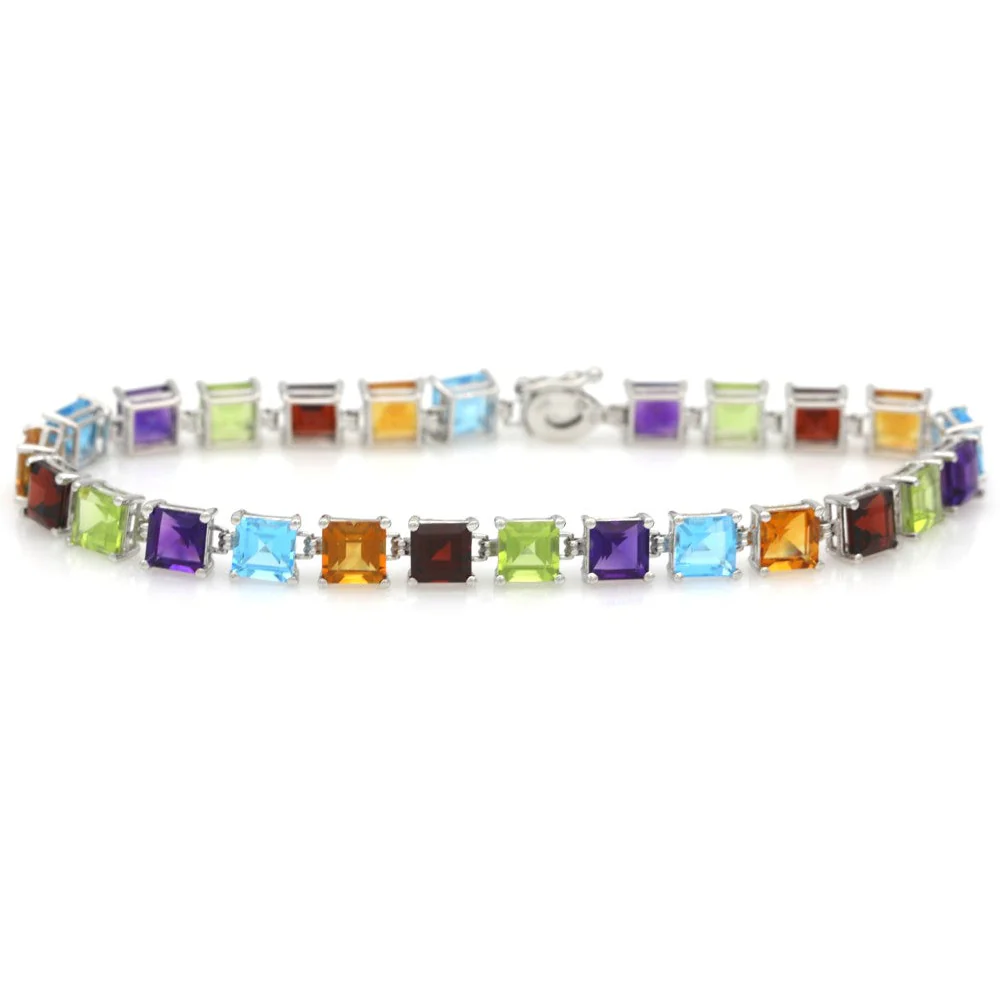14K White Gold Alternating Mixed Gemstone Inline Bracelet