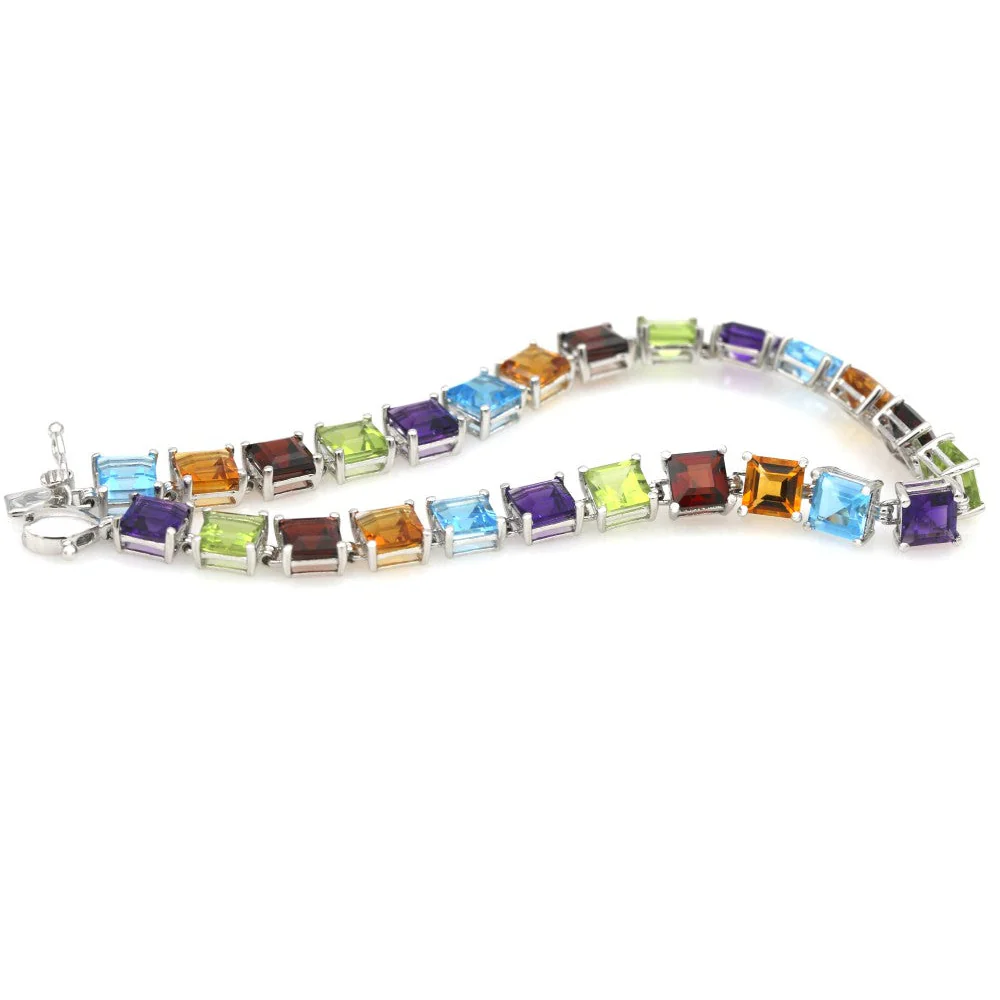 14K White Gold Alternating Mixed Gemstone Inline Bracelet - Image 2