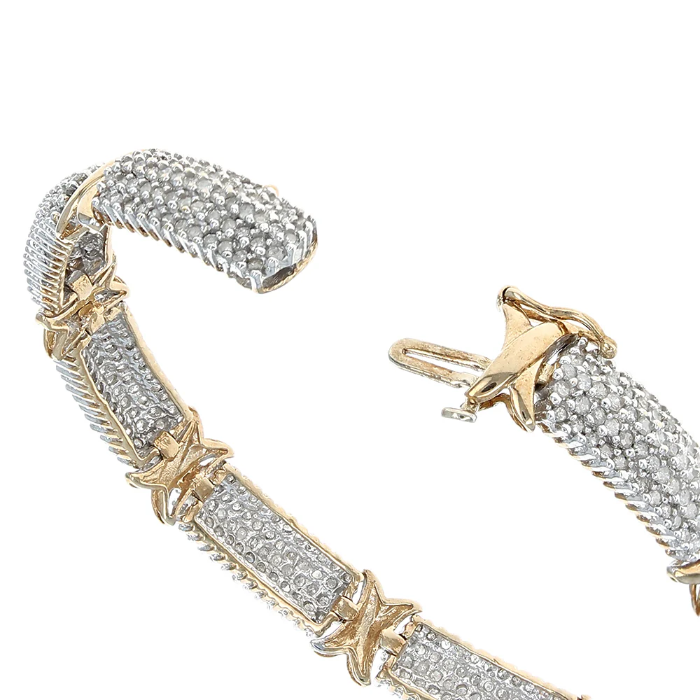 Alternating Pave Diamond X Link Inline Bracelet in White and Yellow Gold - Image 2