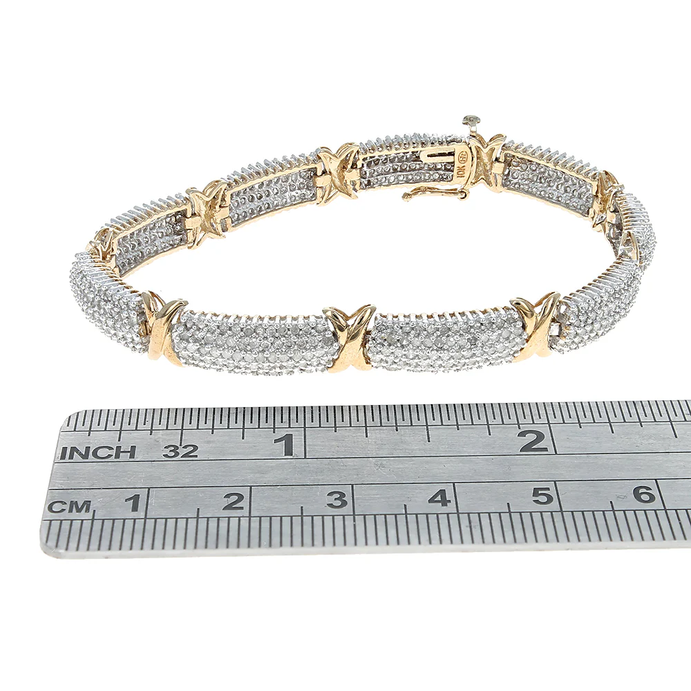 Alternating Pave Diamond X Link Inline Bracelet in White and Yellow Gold - Image 3