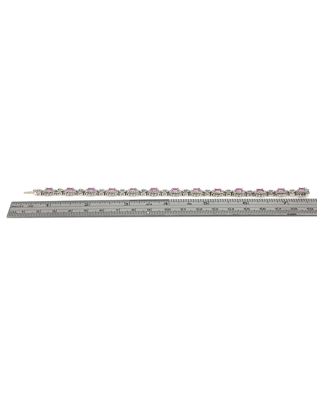 Alternating Pink Sapphire and Diamond Halo Flower Link Inline Bracelet in White Gold - Image 3