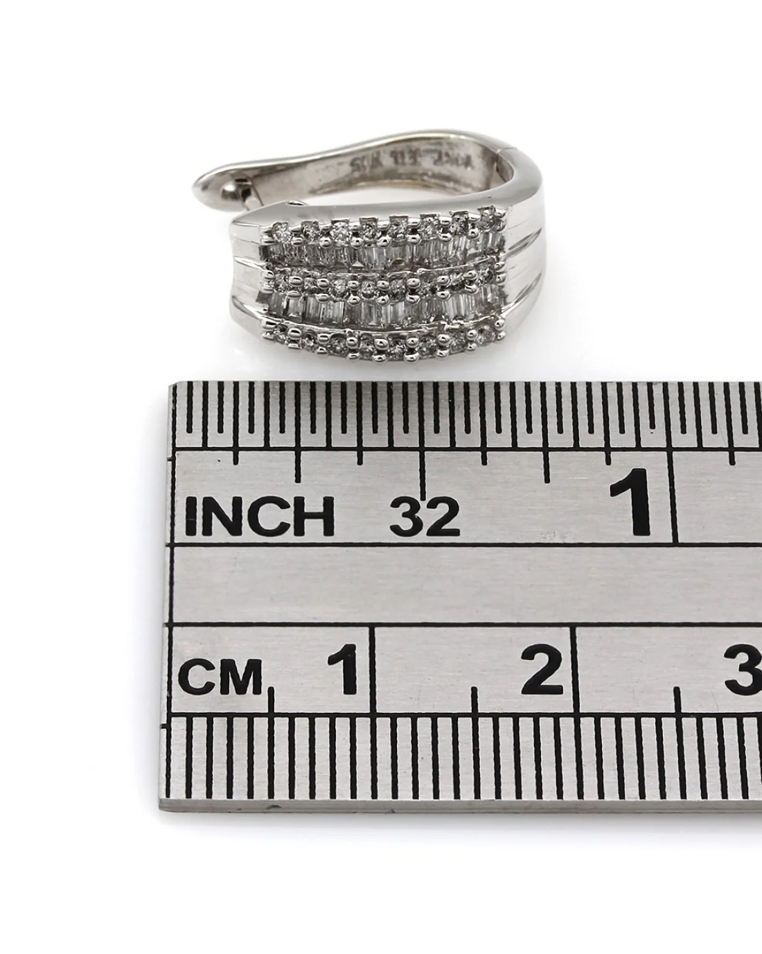 Alternating Round and Baguette Diamond Huggie Earrings in 14kw - Image 3