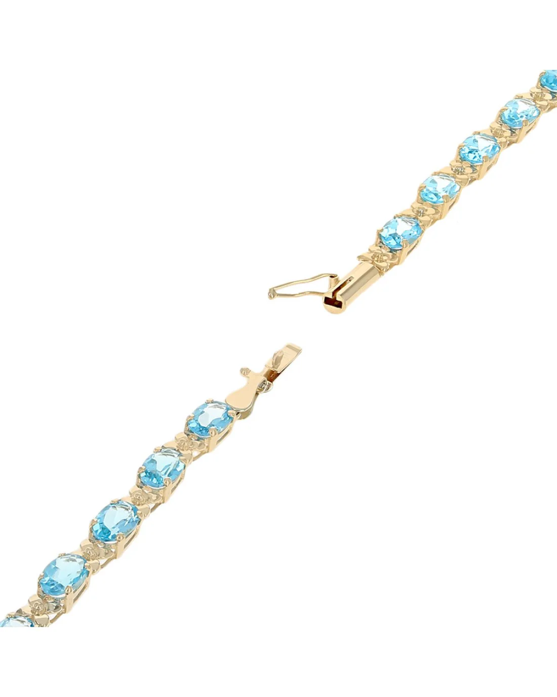 Alternating Swiss Blue Topaz and Flower Link Inline Bracelet in Yellow Gold - Image 2