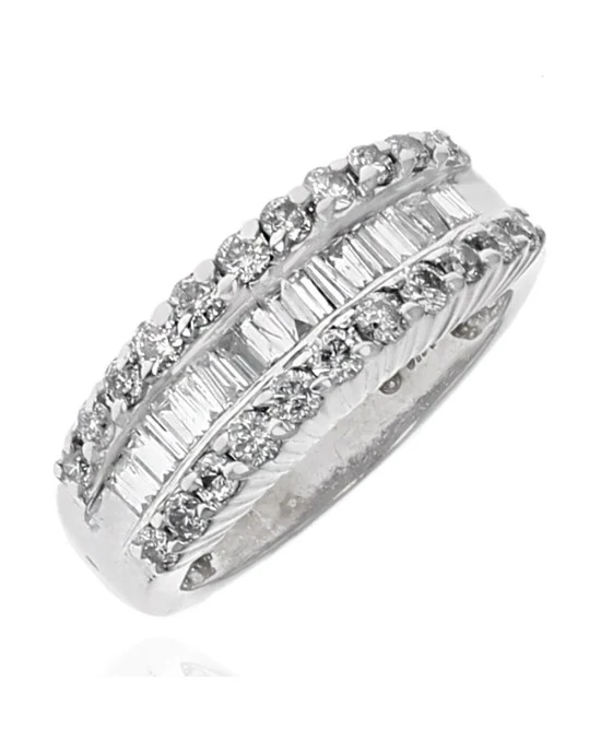 Alternating Three Row Diamond Tapered Ring in White Gold