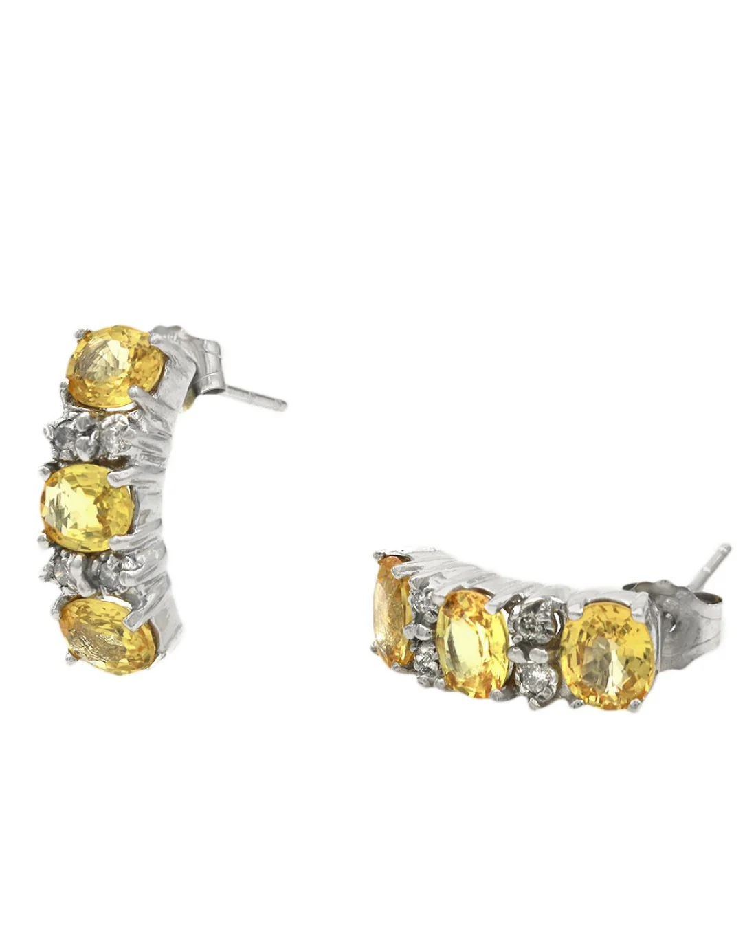 Alternating Yellow Sapphire and Diamond Curved Earrings in White Gold - Image 2