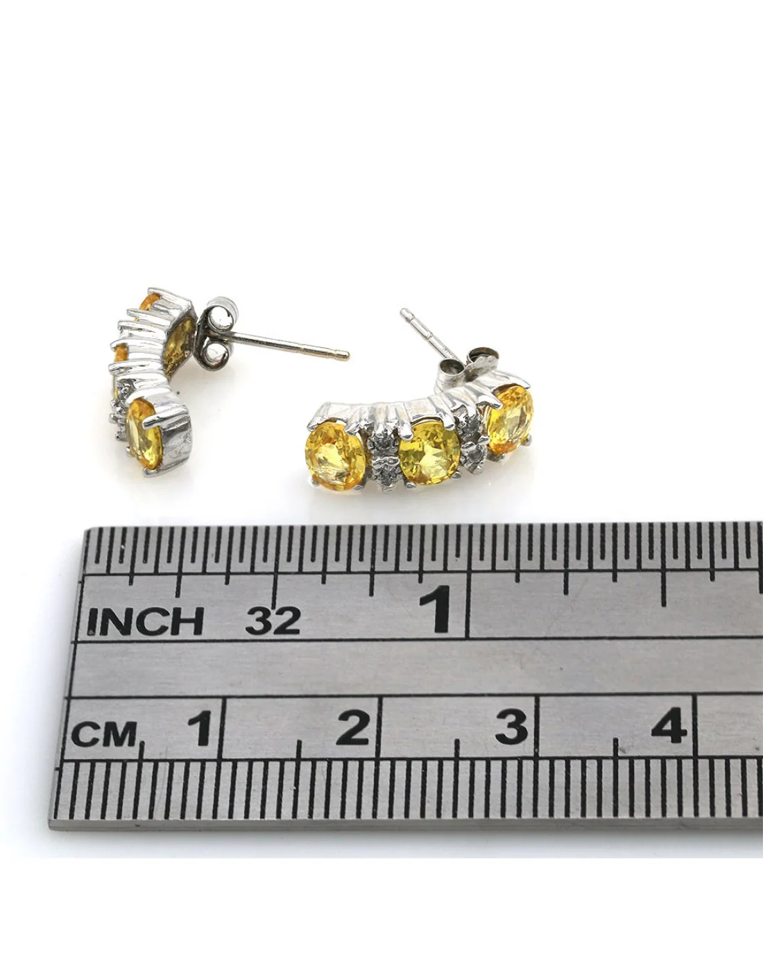 Alternating Yellow Sapphire and Diamond Curved Earrings in White Gold - Image 3