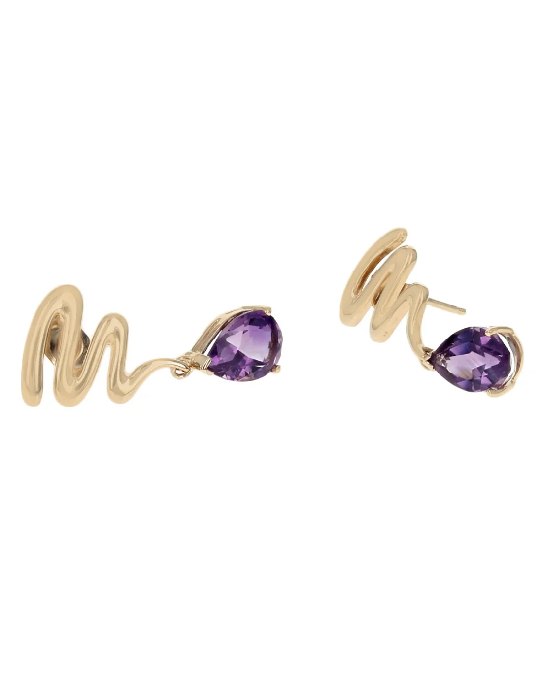 Amethyst Squiggle Dangle Earrings in Yellow Gold - Image 2
