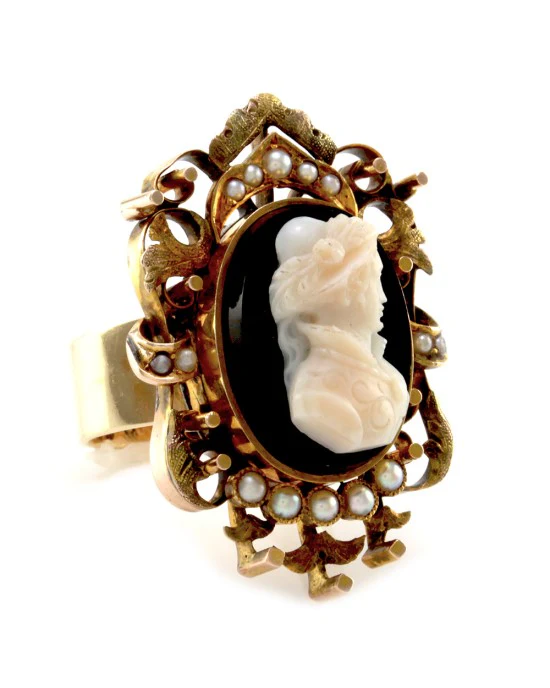 Antique Cameo Ring with Seed Pearls in 12K/ 14K Yellow Gold - Image 2