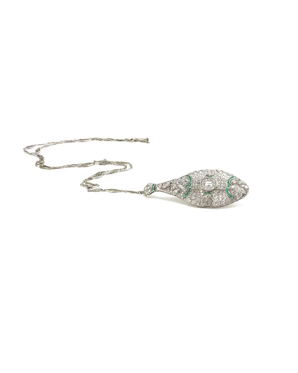 Antique Diamond and Calibre Emerald Pendant Convertible Brooch in Platinum - Image 2