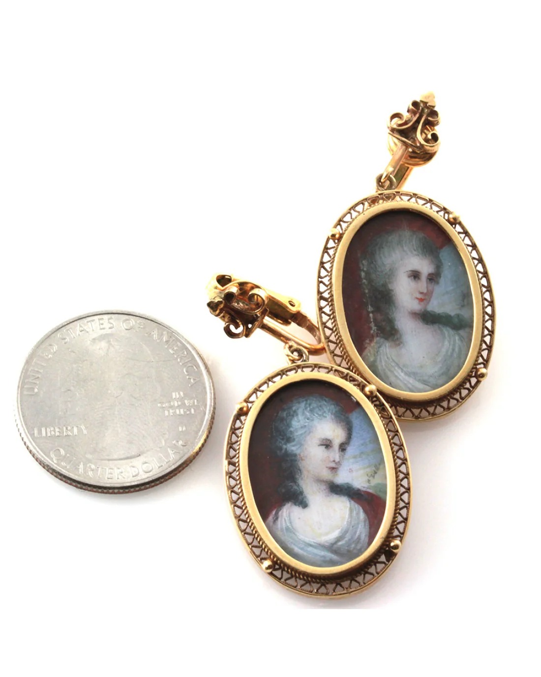 Antique Hand Painted Micro Portrait Clip-On Earrings in 10K Yellow Gold - Image 4