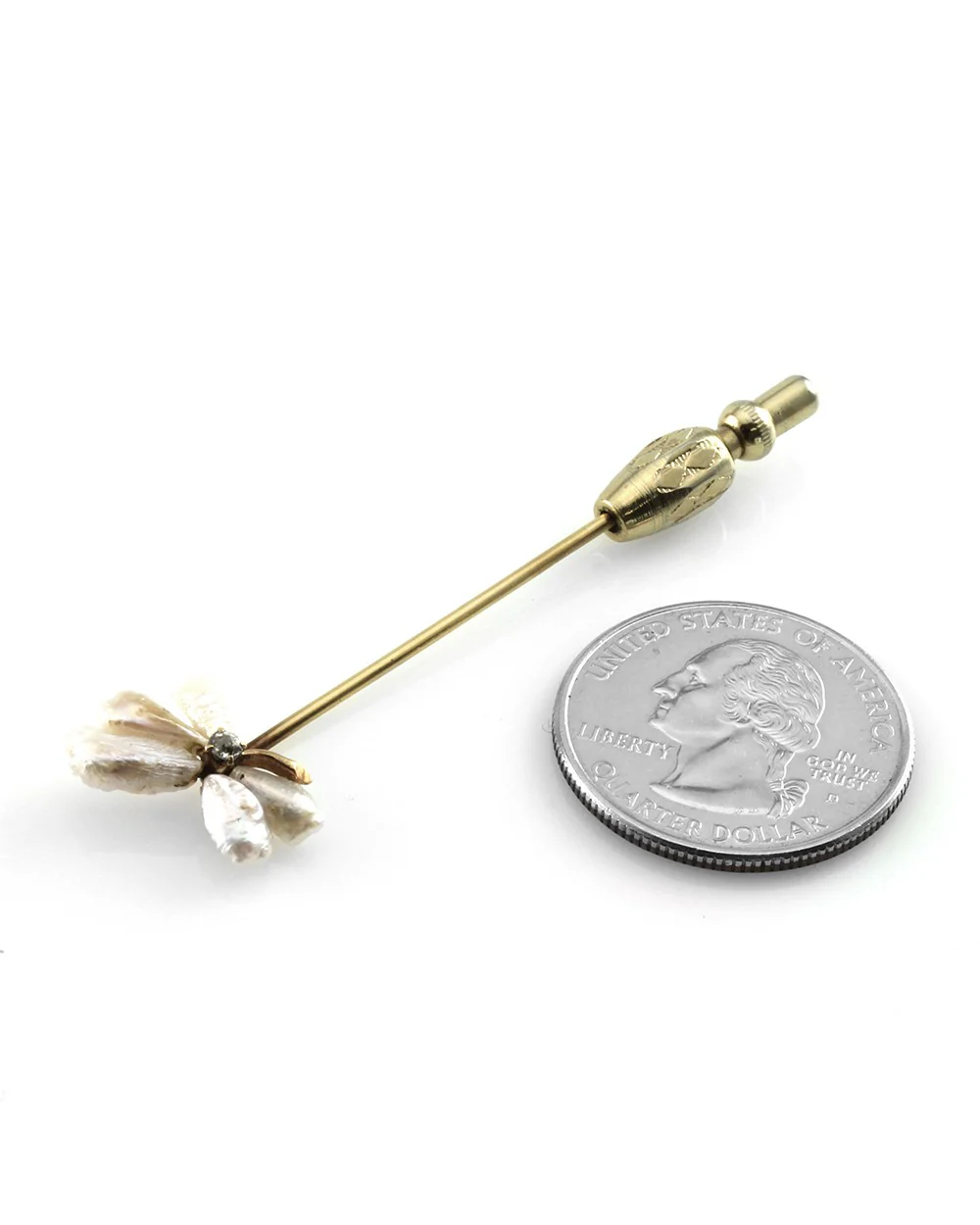 Antique Pearl & Diamond Flower Stick Pin in 10K Yellow Gold - Image 3