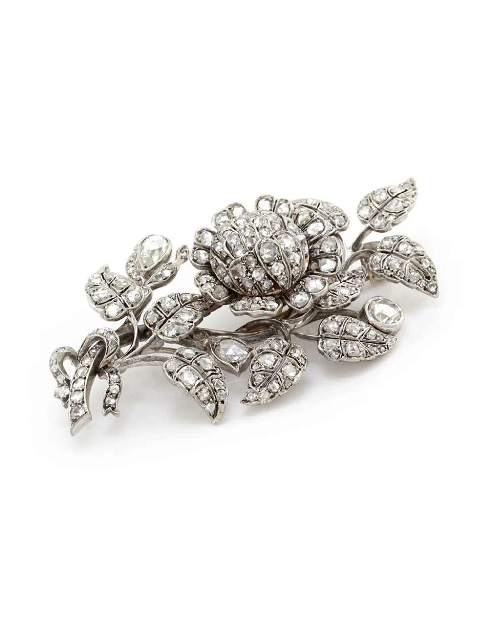 Antique Rose Cut Diamond En Tremblant Flower Brooch in Gold and Silver - Image 3
