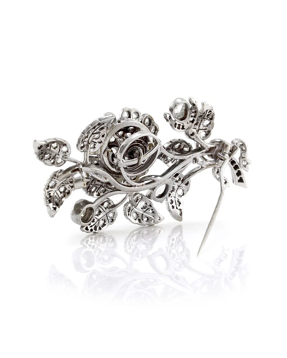 Antique Rose Cut Diamond En Tremblant Flower Brooch in Gold and Silver - Image 5