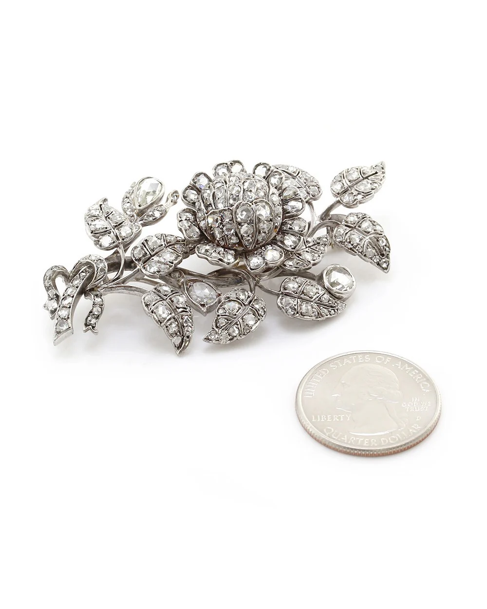 Antique Rose Cut Diamond En Tremblant Flower Brooch in Gold and Silver - Image 6