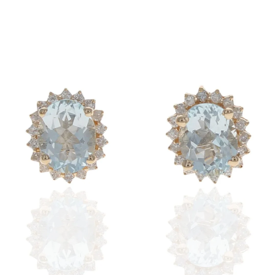 14K Yellow Gold Oval Aquamarine & Diamond Halo Earrings