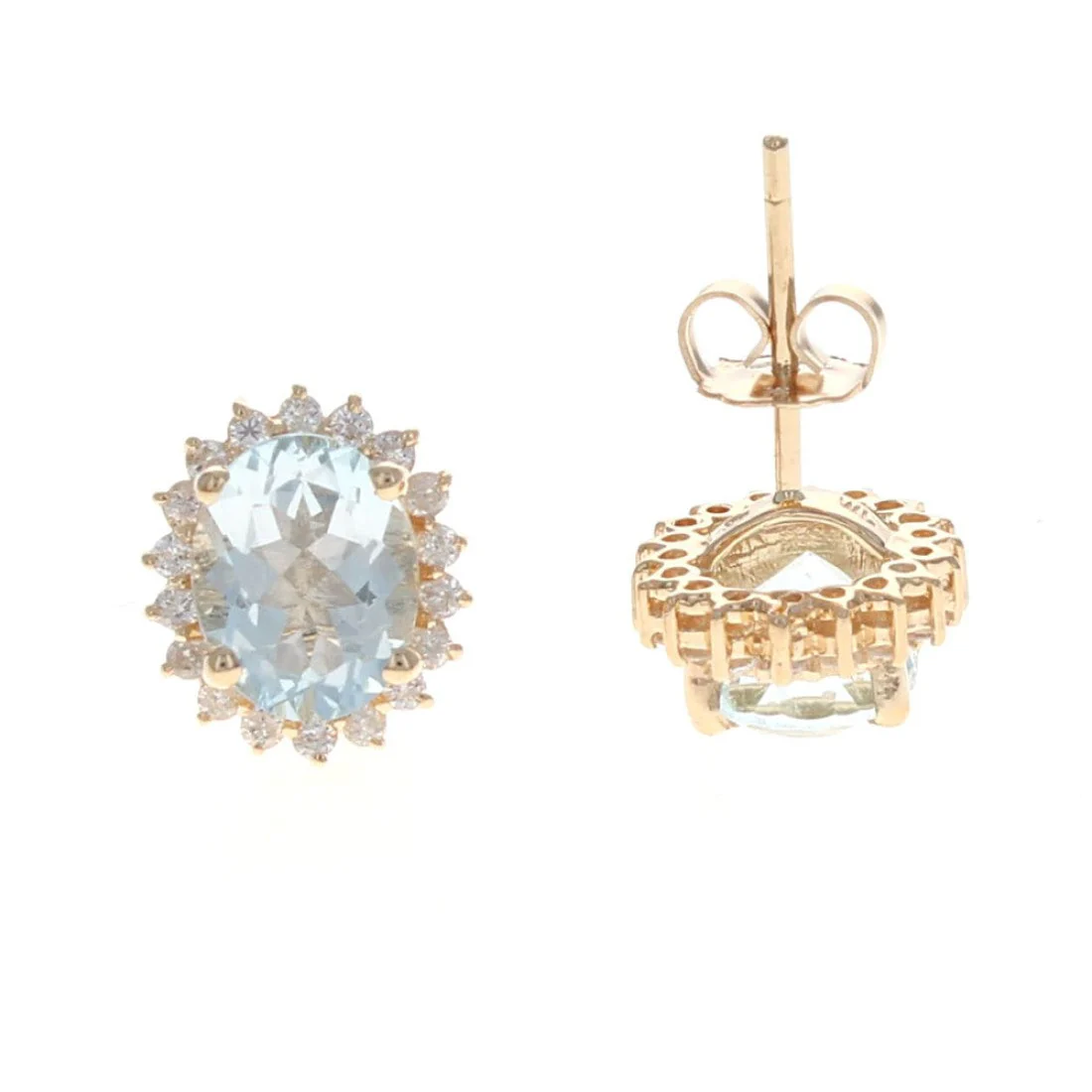 14K Yellow Gold Oval Aquamarine & Diamond Halo Earrings - Image 2