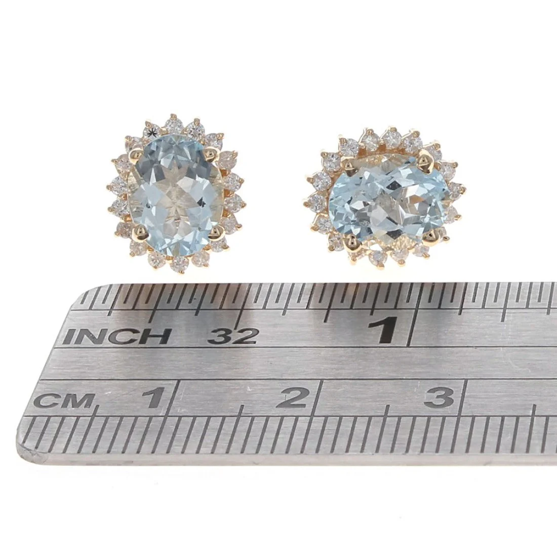 14K Yellow Gold Oval Aquamarine & Diamond Halo Earrings - Image 3