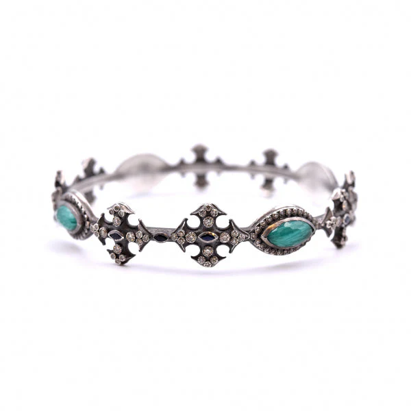 Armenta New World Sterling Silver, Malachite, Sapphire and Champagne Diamond Bangle - Image 2