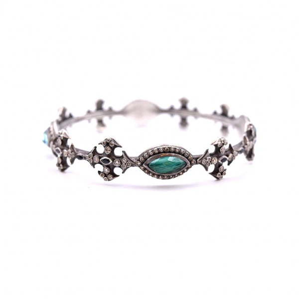 Armenta New World Sterling Silver, Malachite, Sapphire and Champagne Diamond Bangle - Image 3