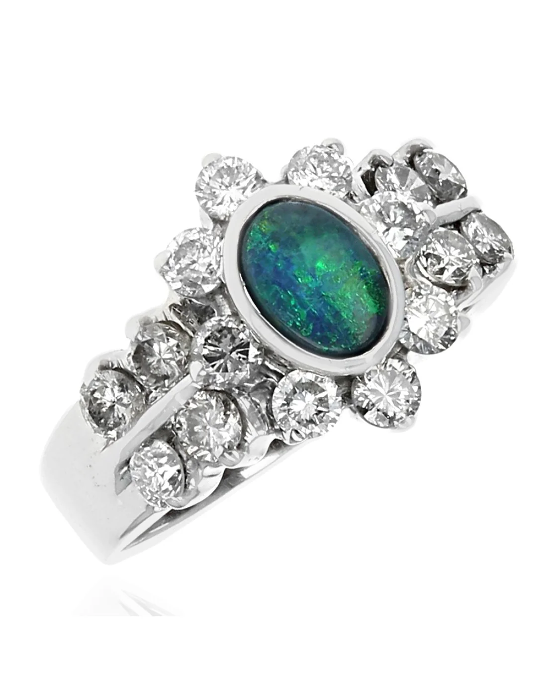 Australian Black Opal and Diamond Halo Ring