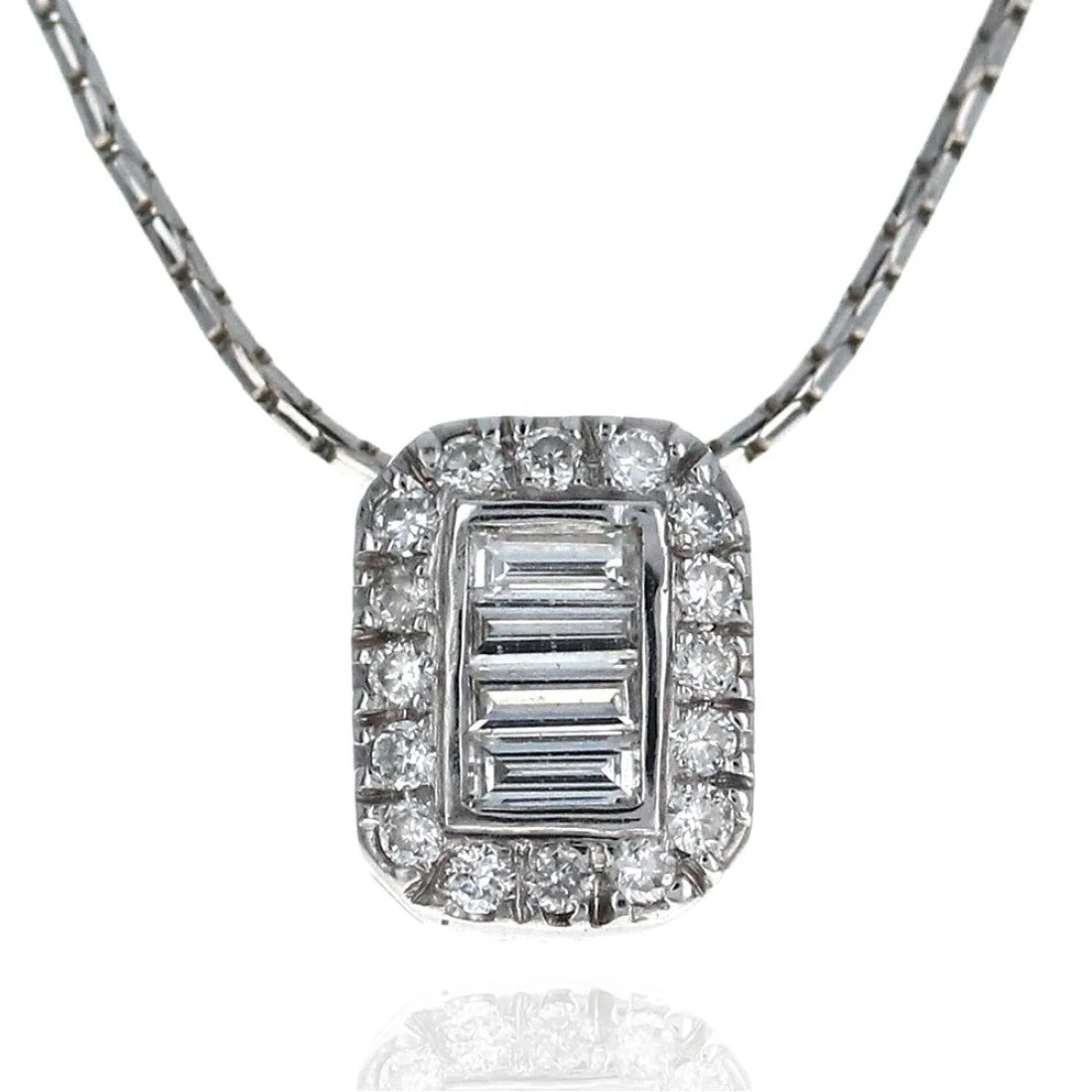 14K White Gold Baguette & Round Diamond Drop Necklace