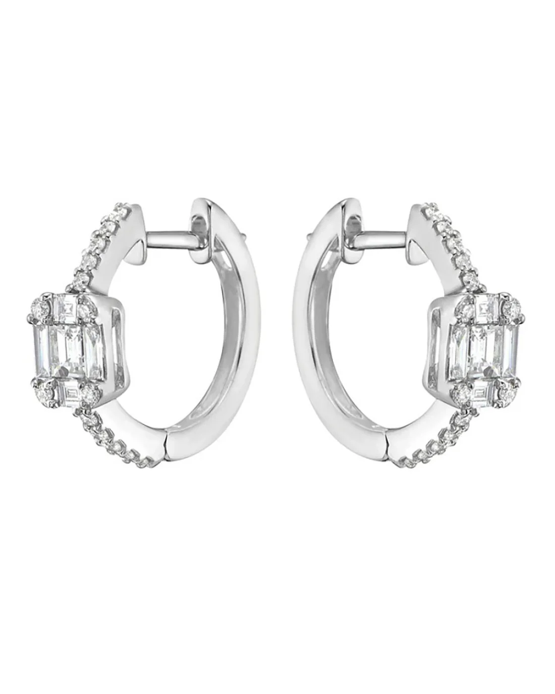 Baguette Diamond Station Round Diamond Huggies - Image 2