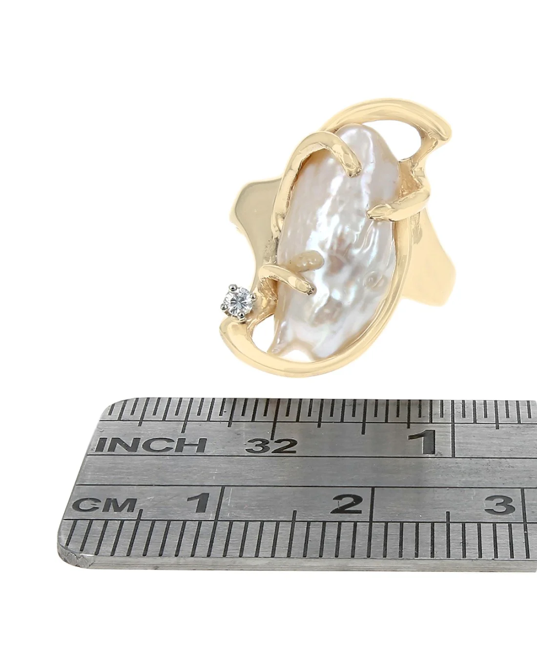 Baroque Pearl and Diamond Accent Fashion Ring in Yellow Gold - Image 3