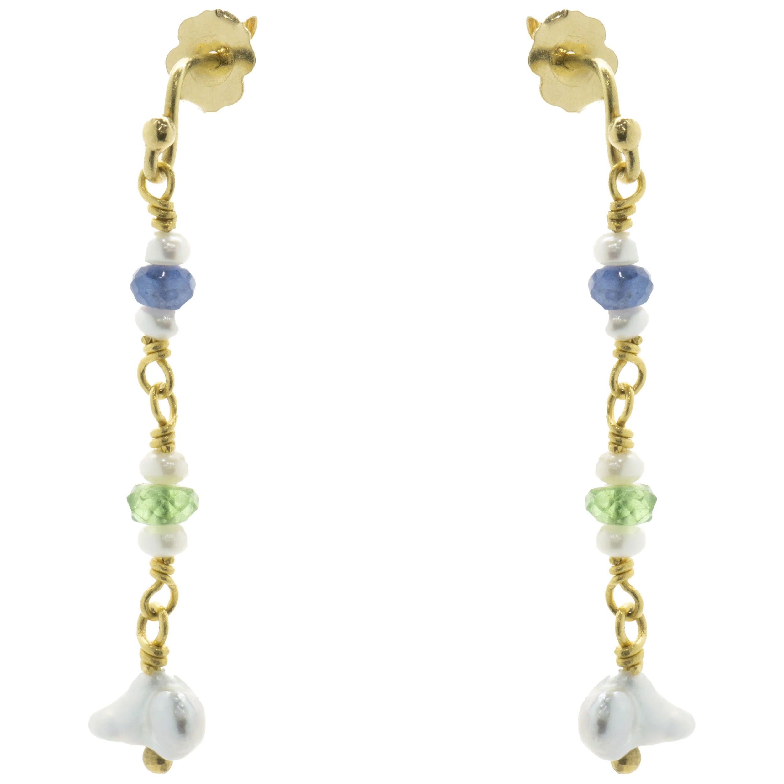 Beau Soleil 18/22 Karat Yellow Gold Pearl, Tourmaline, and Sapphire Drop Earrings