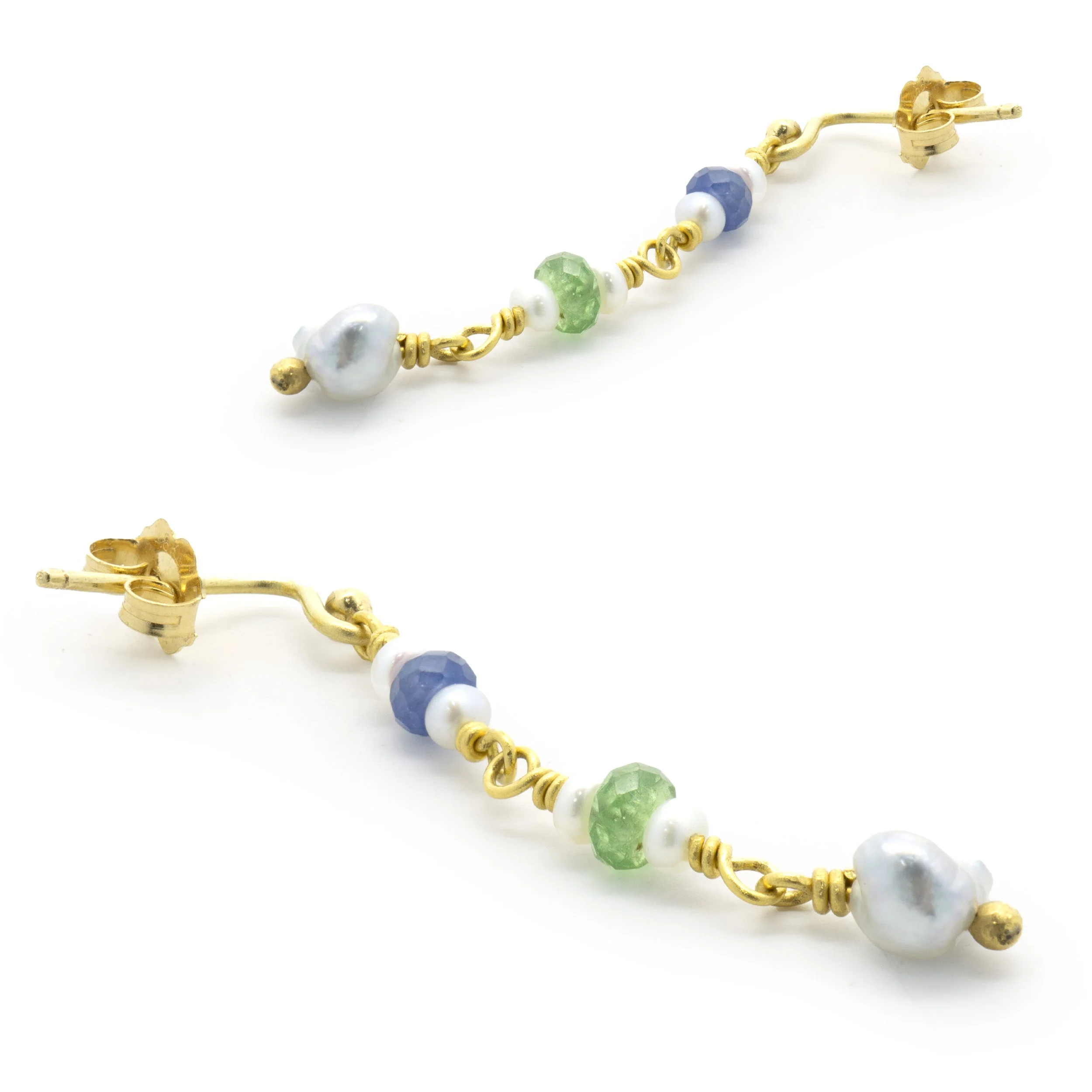 Beau Soleil 18/22 Karat Yellow Gold Pearl, Tourmaline, and Sapphire Drop Earrings - Image 2