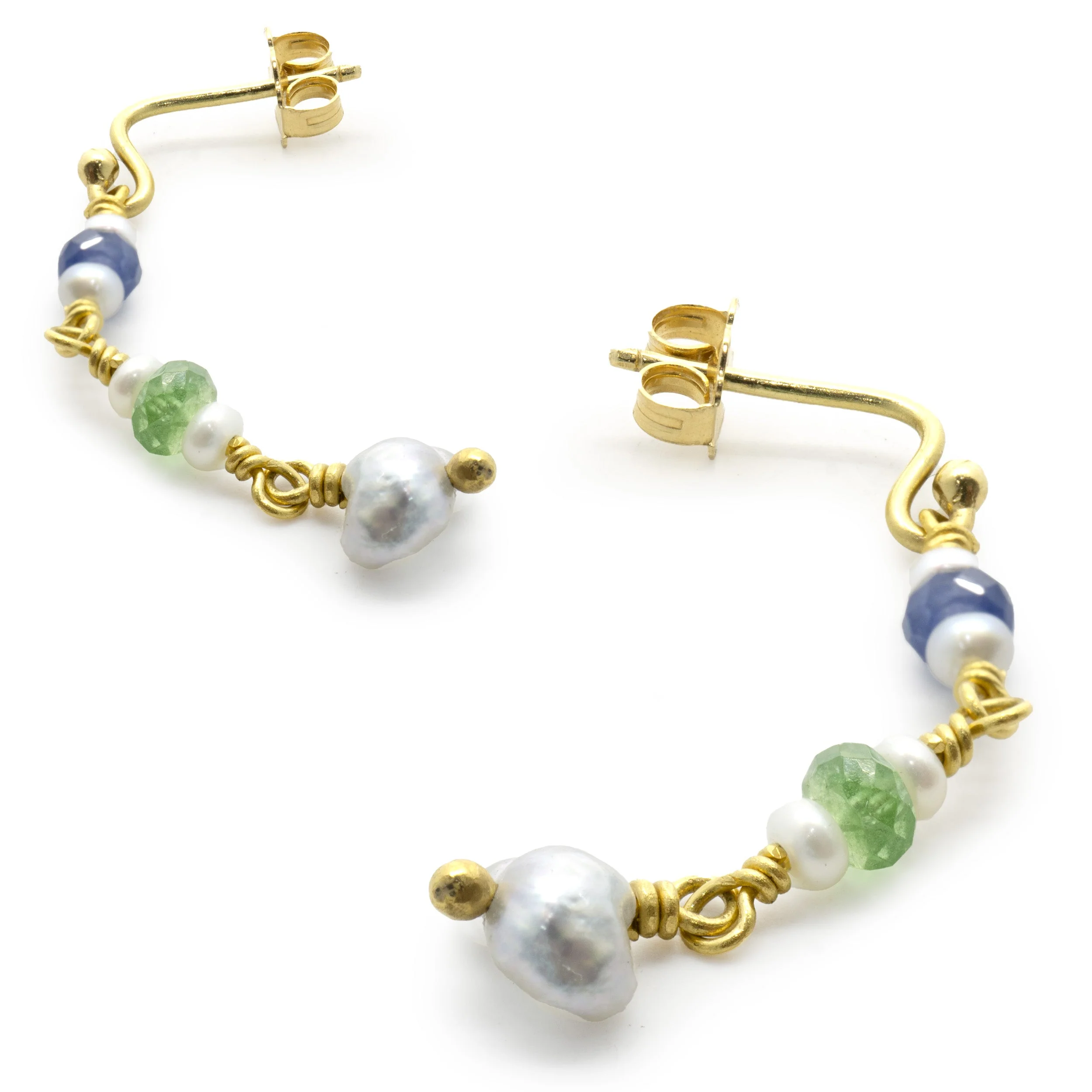 Beau Soleil 18/22 Karat Yellow Gold Pearl, Tourmaline, and Sapphire Drop Earrings - Image 3