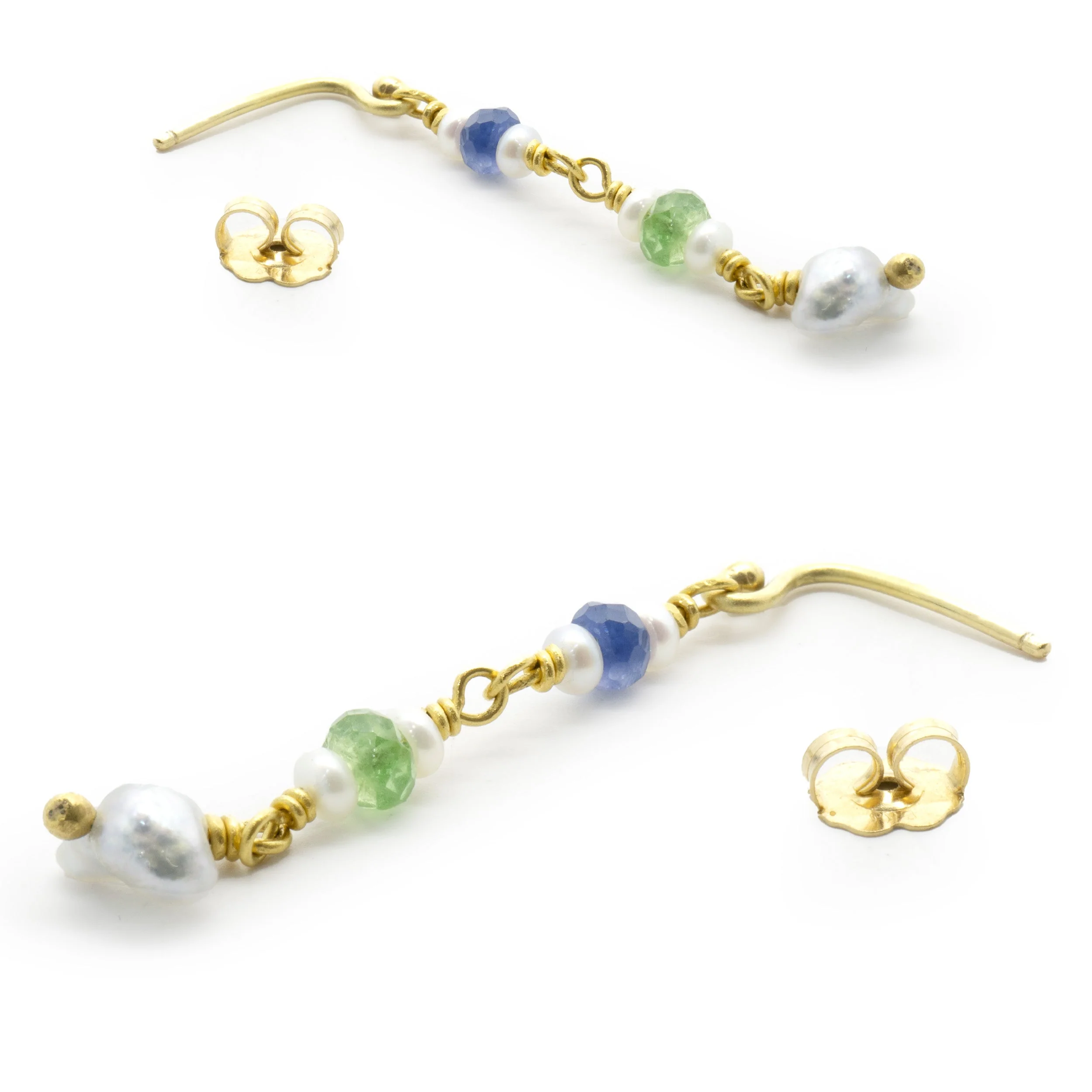 Beau Soleil 18/22 Karat Yellow Gold Pearl, Tourmaline, and Sapphire Drop Earrings - Image 4