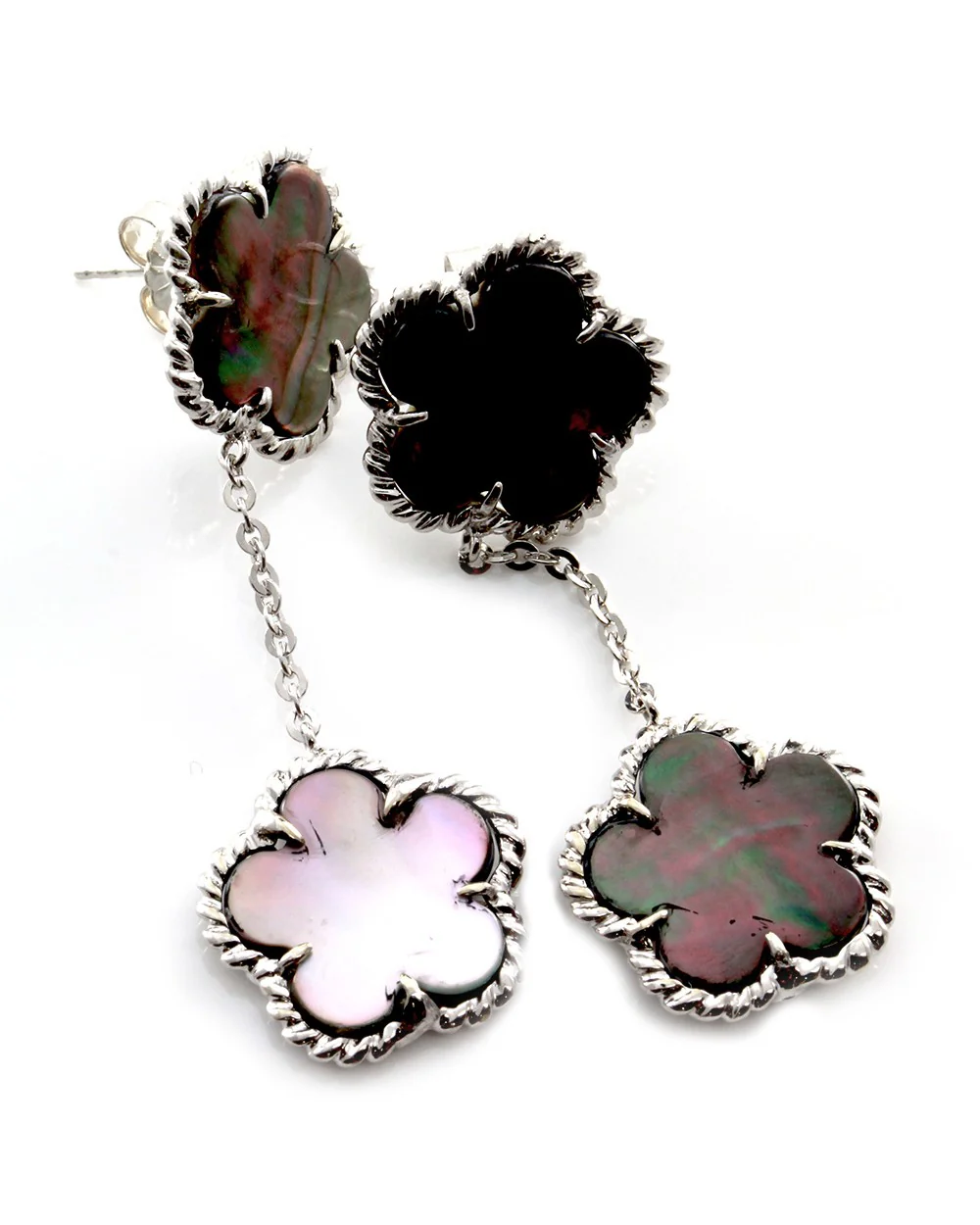 Black Mother of Pearl Clover Drop Earrings with Rope Details in 14K White Gold - Image 2