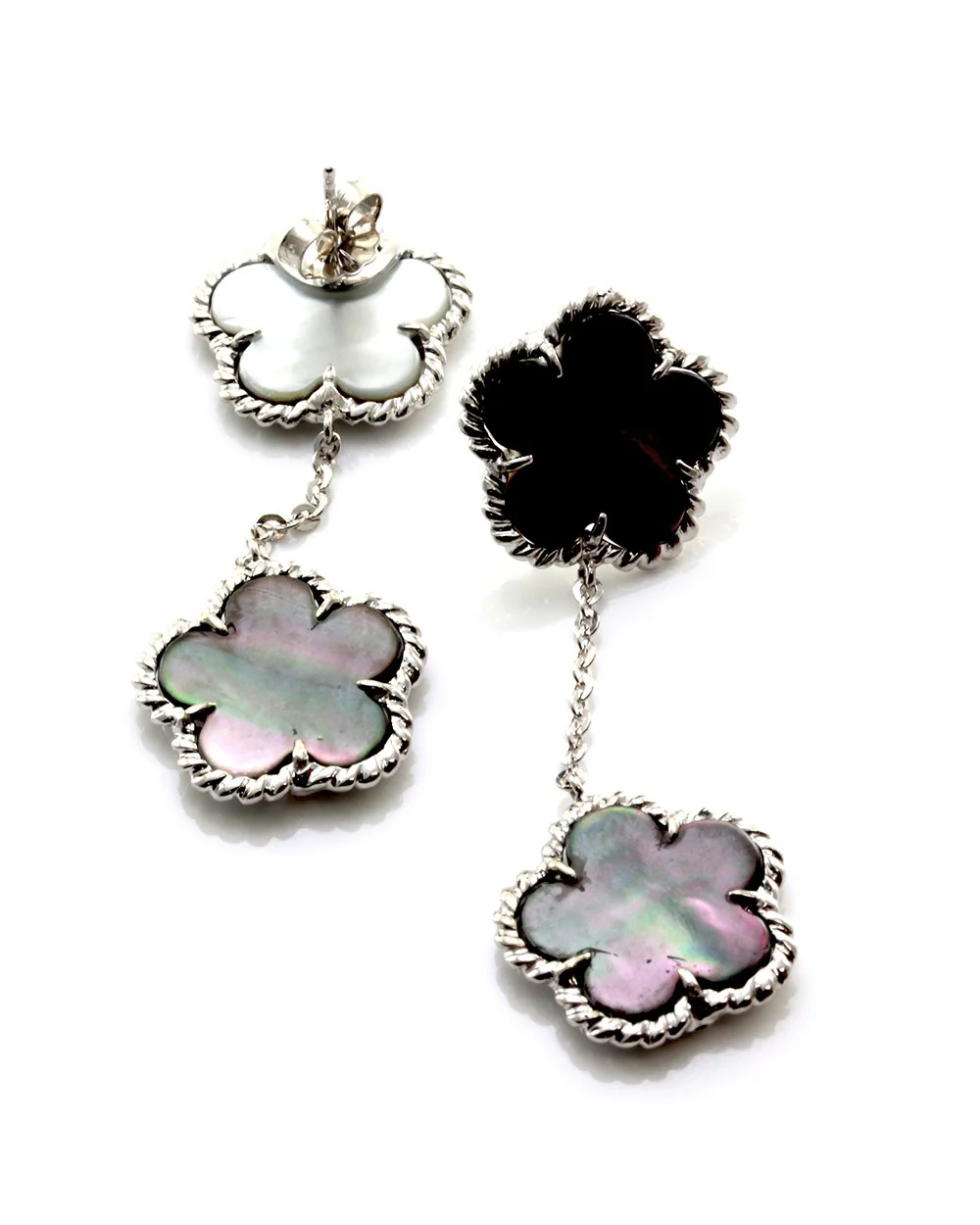 Black Mother of Pearl Clover Drop Earrings with Rope Details in 14K White Gold - Image 3