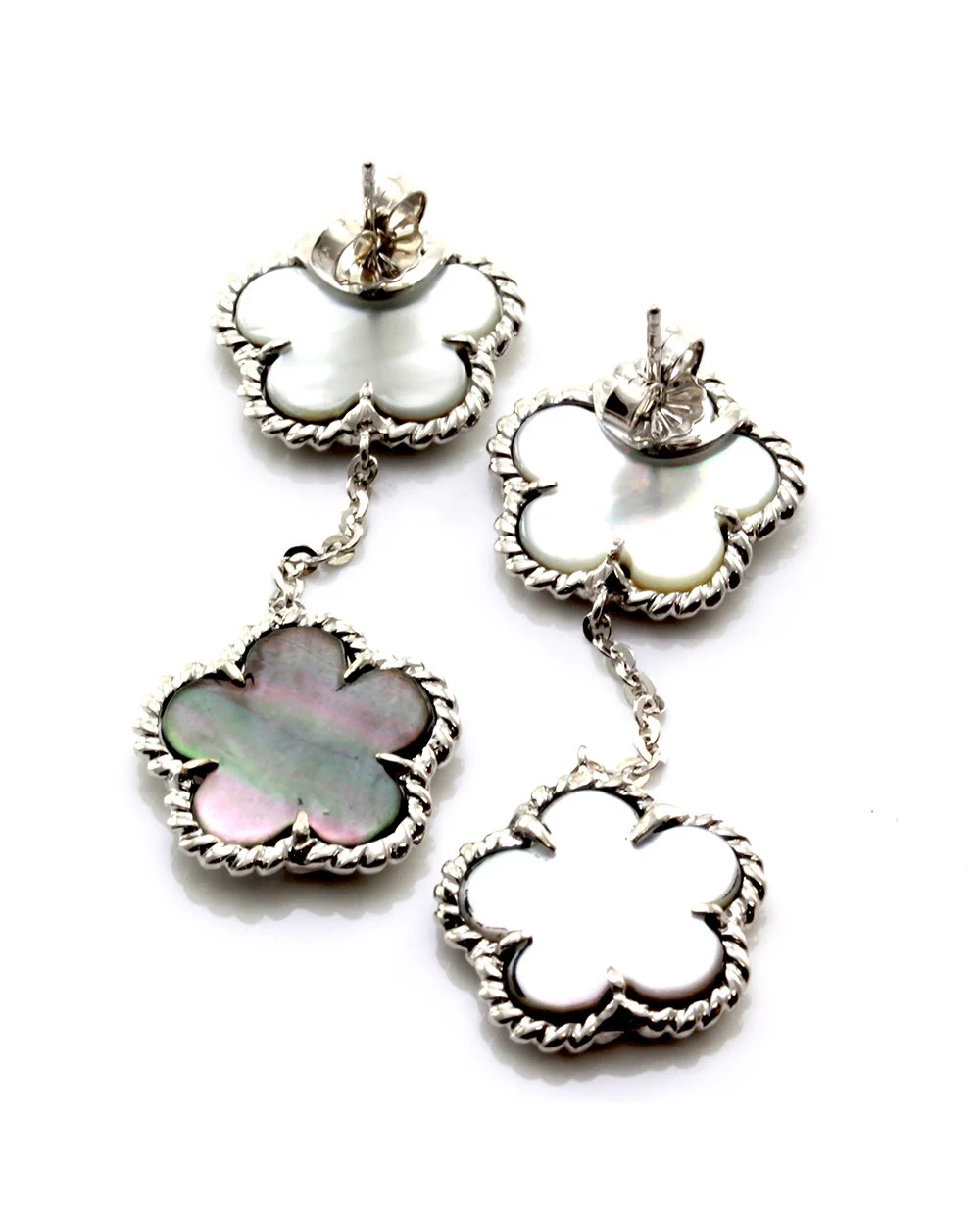 Black Mother of Pearl Clover Drop Earrings with Rope Details in 14K White Gold - Image 4