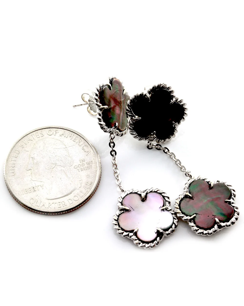 Black Mother of Pearl Clover Drop Earrings with Rope Details in 14K White Gold - Image 5