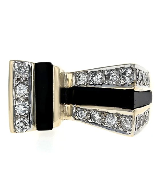 Black Onyx and Diamond Geometric Fashion Ring in Yellow Gold - Image 2
