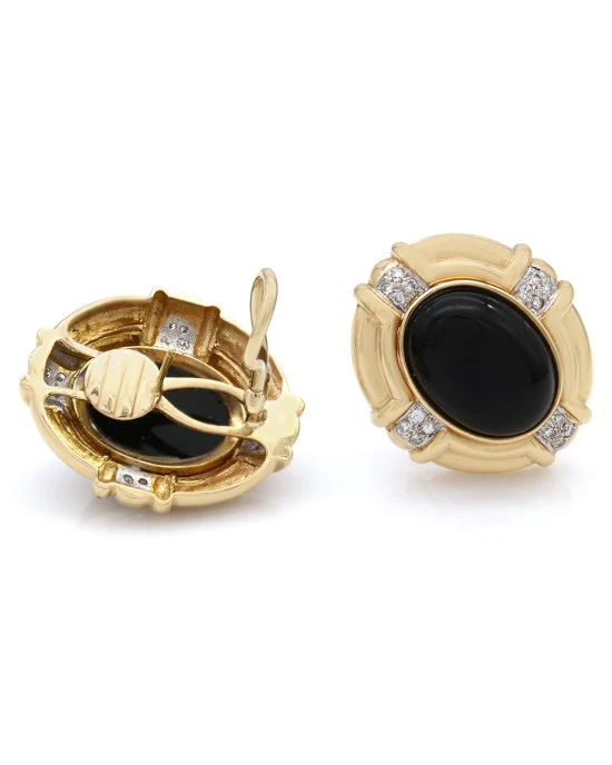 Black Onyx and Diamond Oval Earrings - Image 2