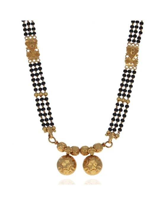 Black Onyx Bead and Gold Station 3 Strand Necklace in 22K Yellow Gold
