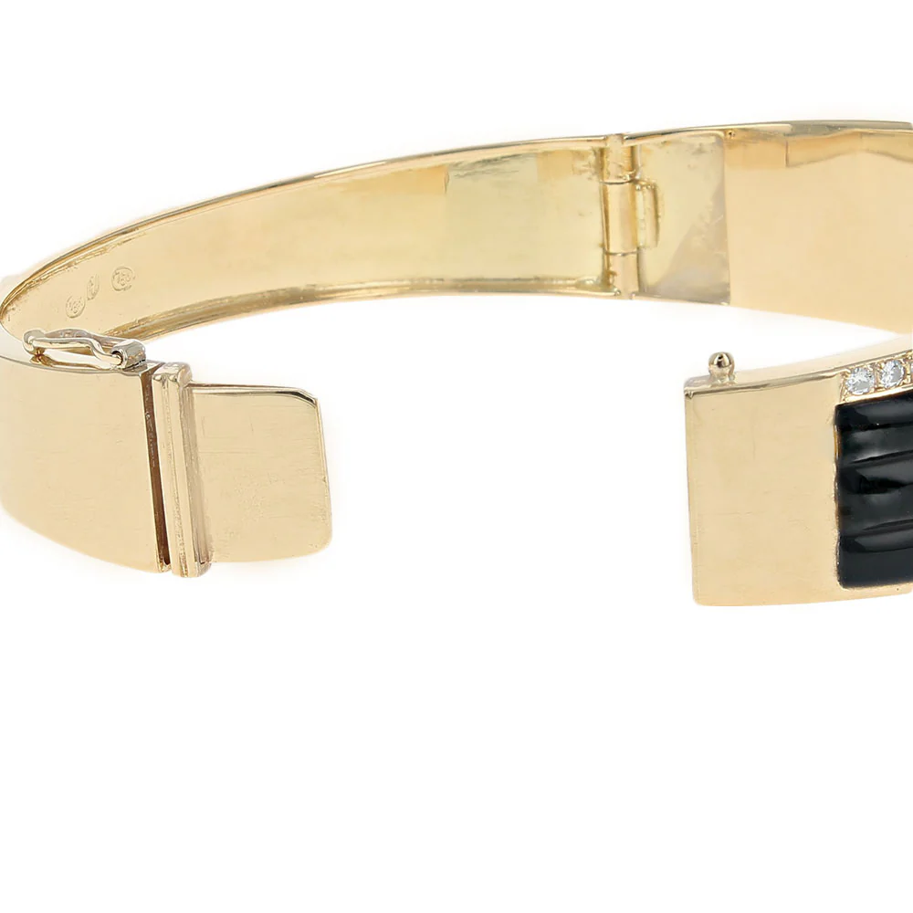 Black Onyx Panel and Diamond Bangle Bracelet in Yellow Gold - Image 2