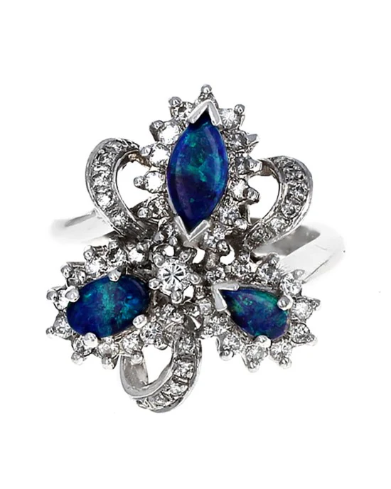 Black Opal and Diamond Halo Ribbon Ring - Image 2