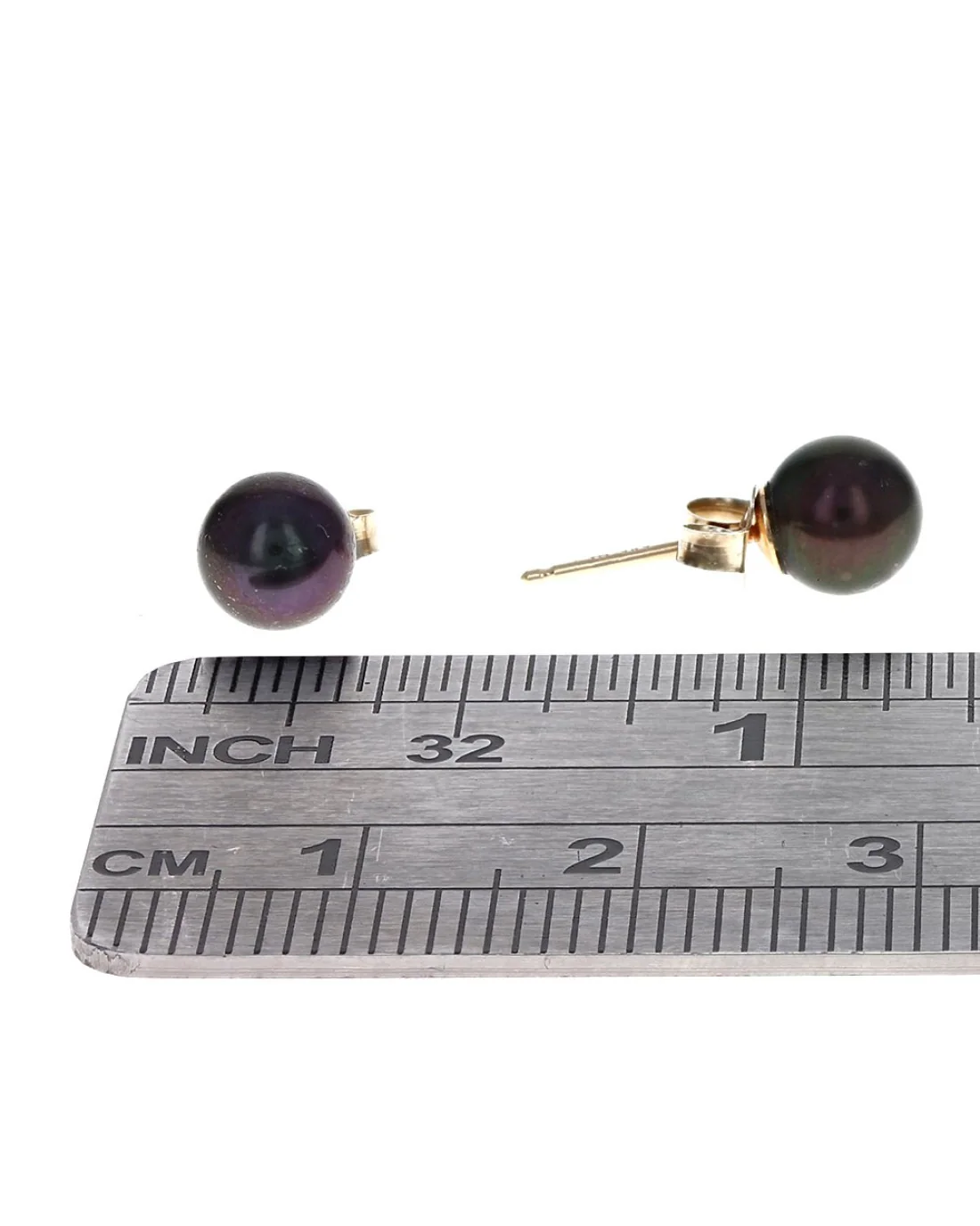 Black Pearl Stud Earrings in Yellow Gold - Image 2