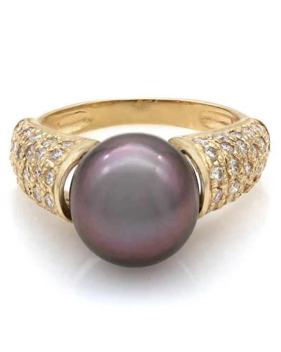 Black South Sea Pearl and Diamond Tapered ring in Gold - Image 2