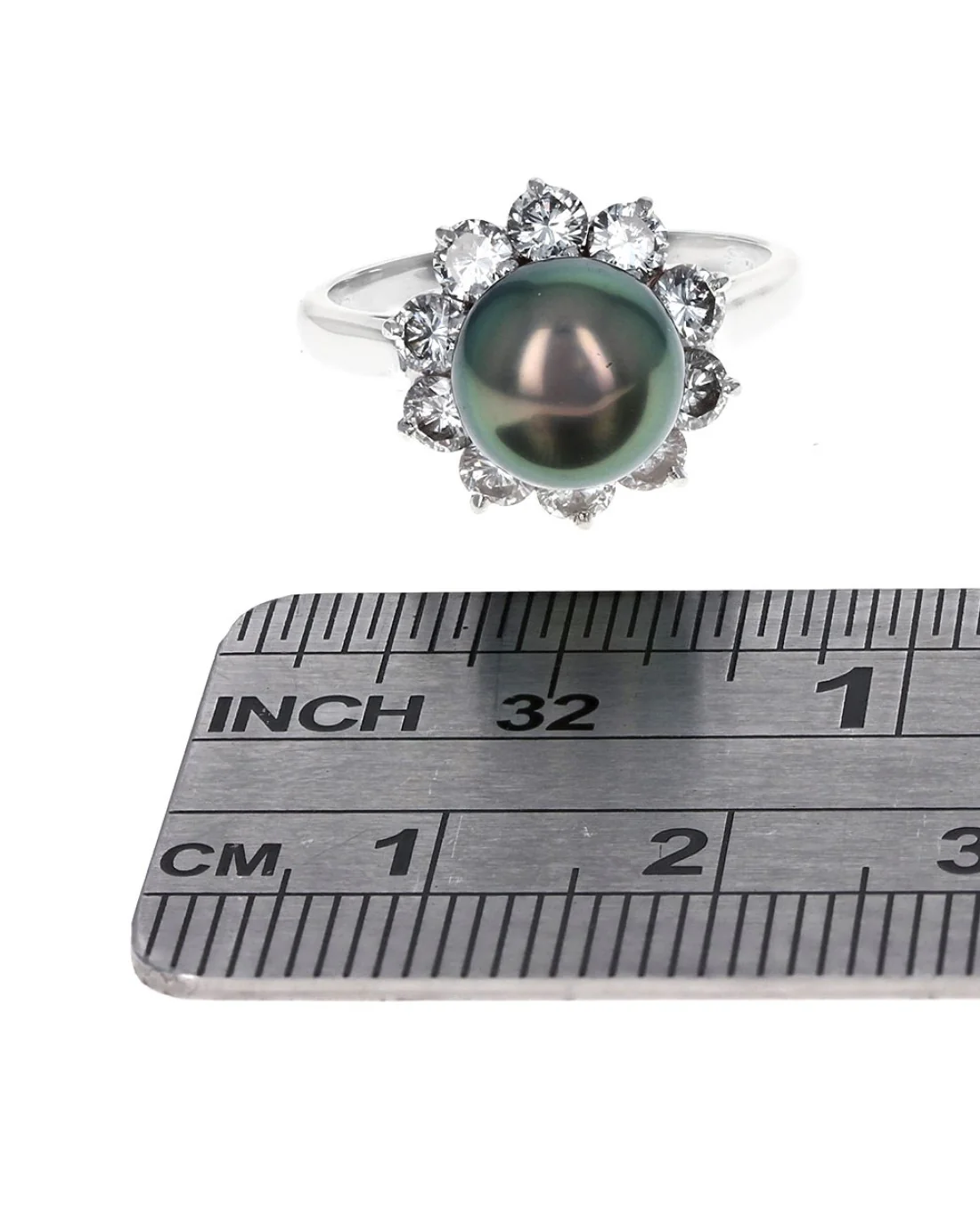 Black Tahitian Pearl and Diamond Halo Ring - Image 3