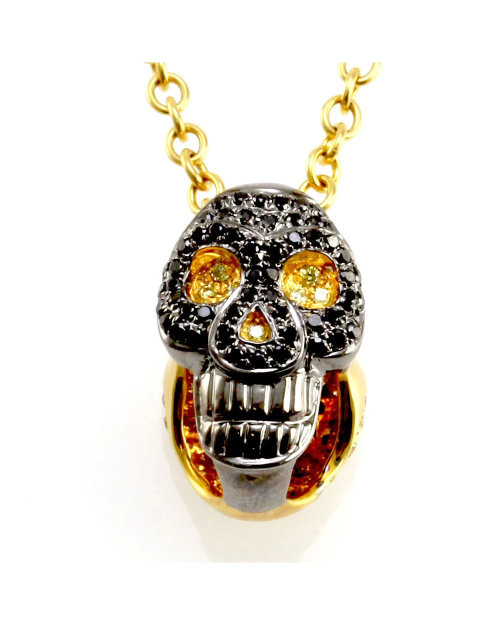 Black & Yellow Pave Diamond Reversible Skull Pendant in 18K Yellow Gold - Image 2