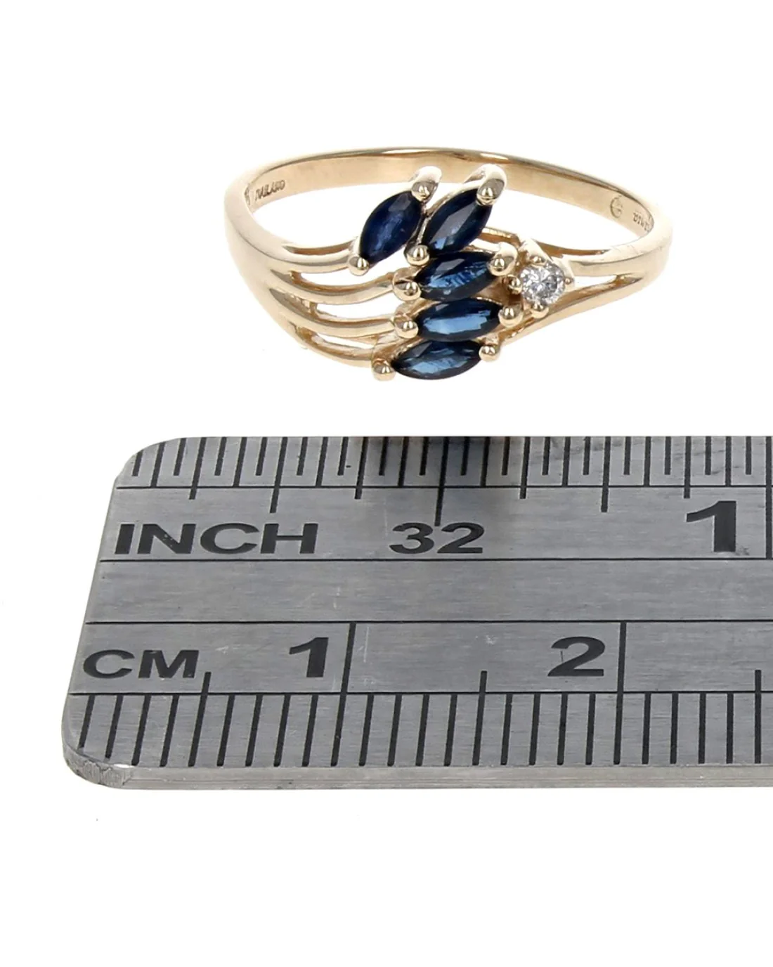 Blue Sapphire and Diamond Accent Wave Ring in Yellow Gold - Image 3
