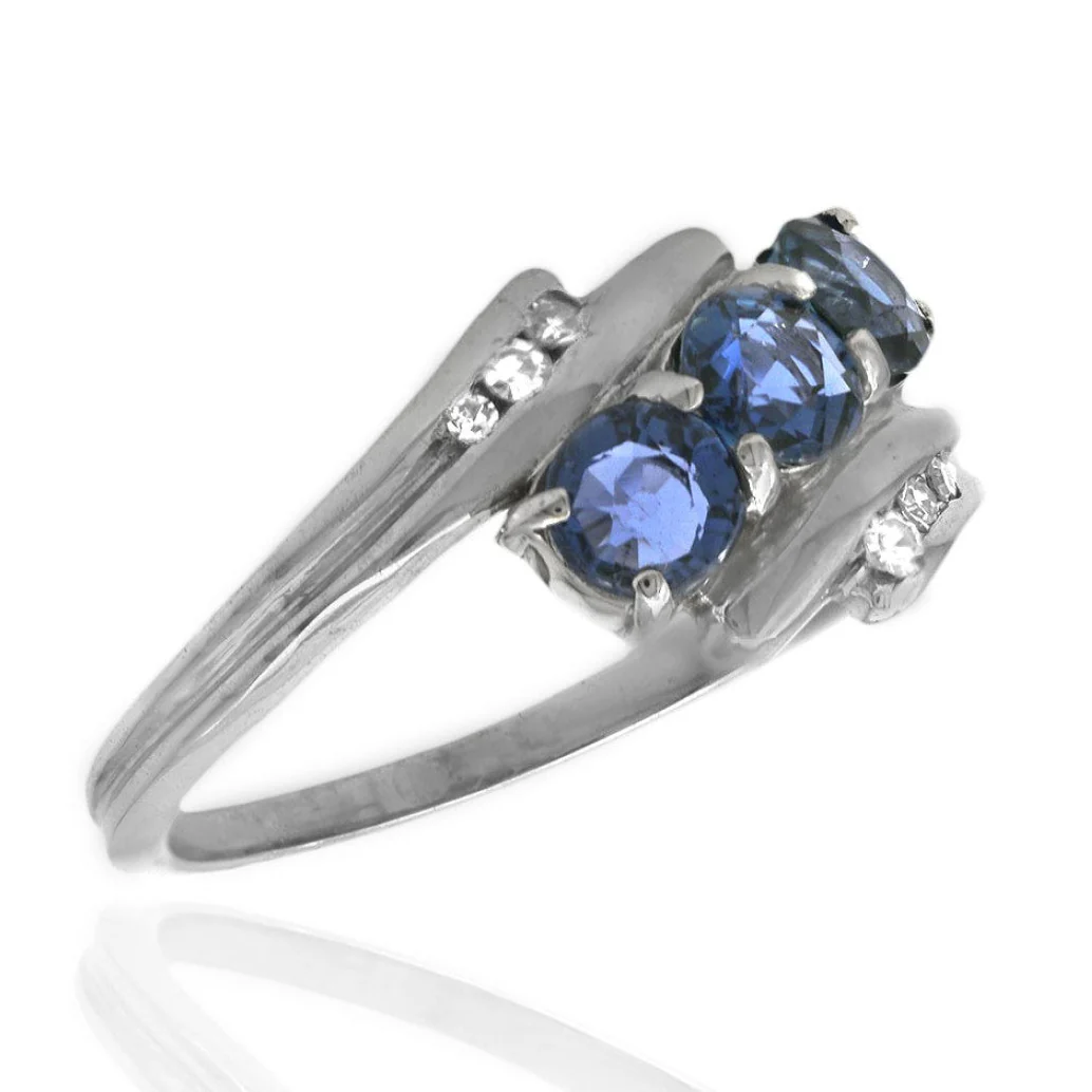 14K White Gold Blue Sapphire and Diamond Bypass Ring