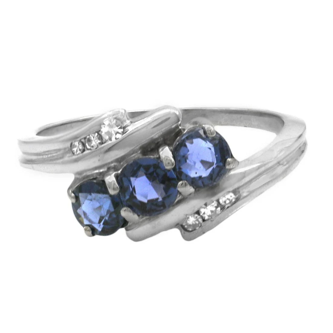 14K White Gold Blue Sapphire and Diamond Bypass Ring - Image 2