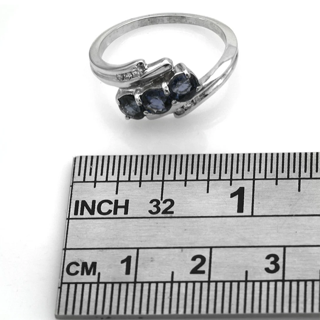 14K White Gold Blue Sapphire and Diamond Bypass Ring - Image 3