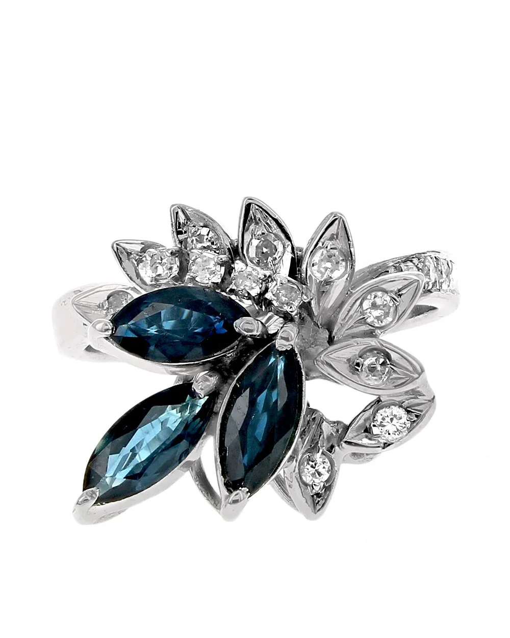 Blue Sapphire and Diamond Foliate Motif Ring in White Gold - Image 2